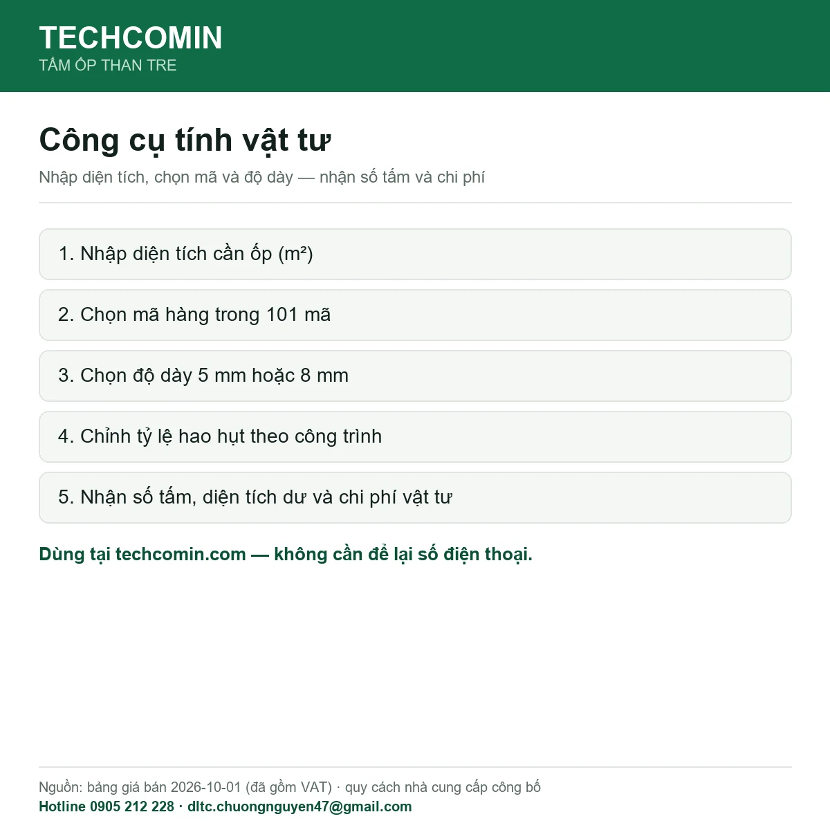 Các bước dùng công cụ tính vật tư tấm ốp than tre